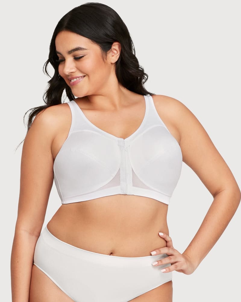 Front of a model wearing a size 48J MagicLift Front-Closure Posture Back Bra Band | 48 in White by Glamorise. | dia_product_style_image_id:262830